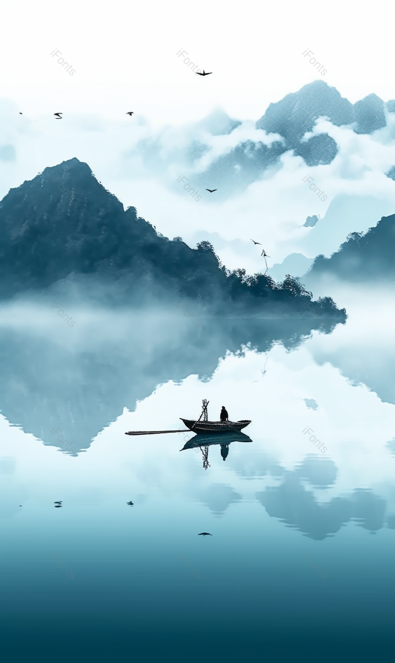 蓝色意境天空云雾山峰飞鸟山水一叶偏舟,插画/手绘图,插画/手绘图库,插画/手绘图下载,插画/手绘